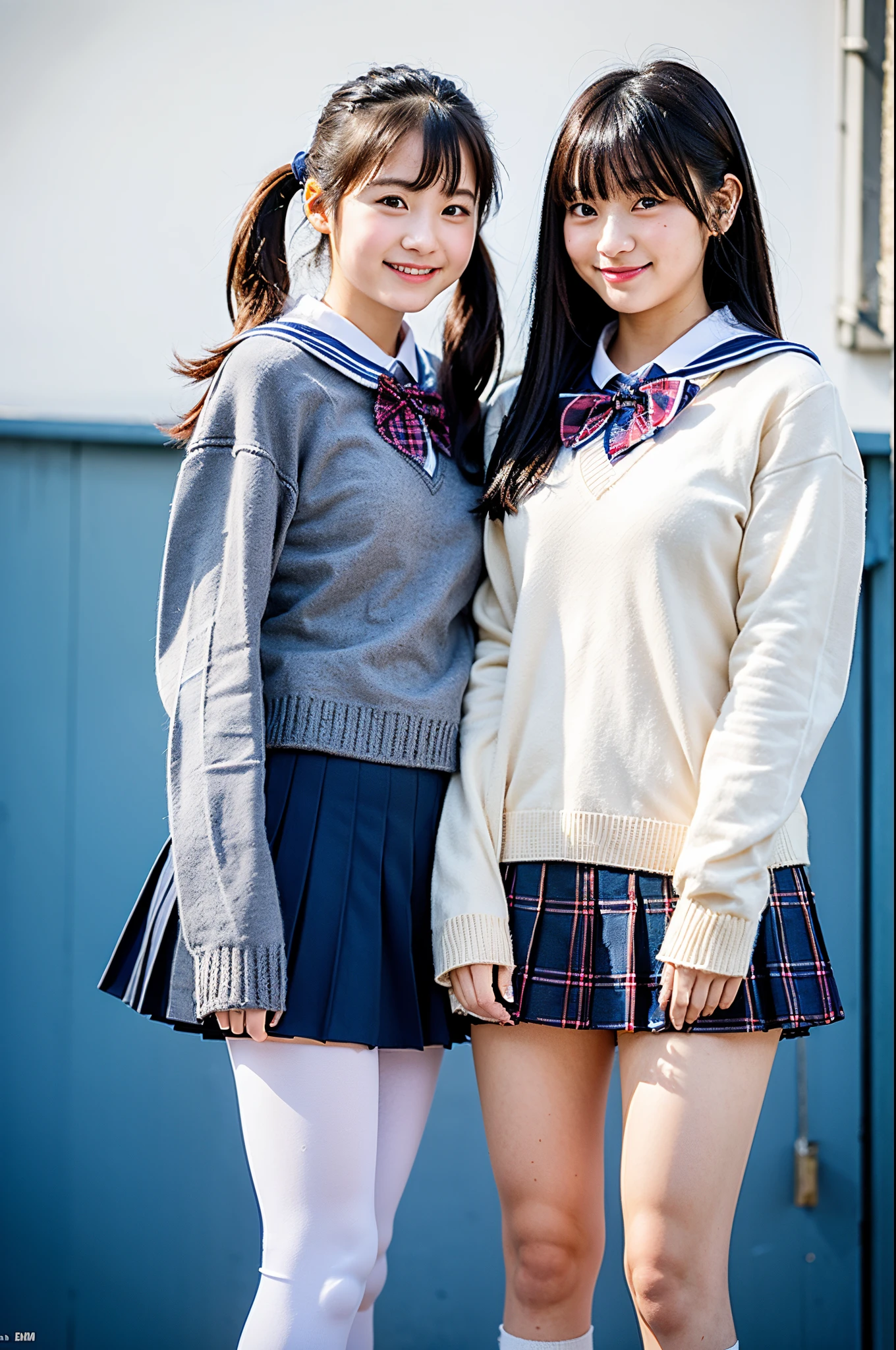 2 girls standing in school yard in winter,long-sleeved knitted sailor suit,plaid pleated knitted skirt,bow tie,leggings,18-year-old,bangs,a little smiles,thighs,knees,crotch,low ponytail,from below