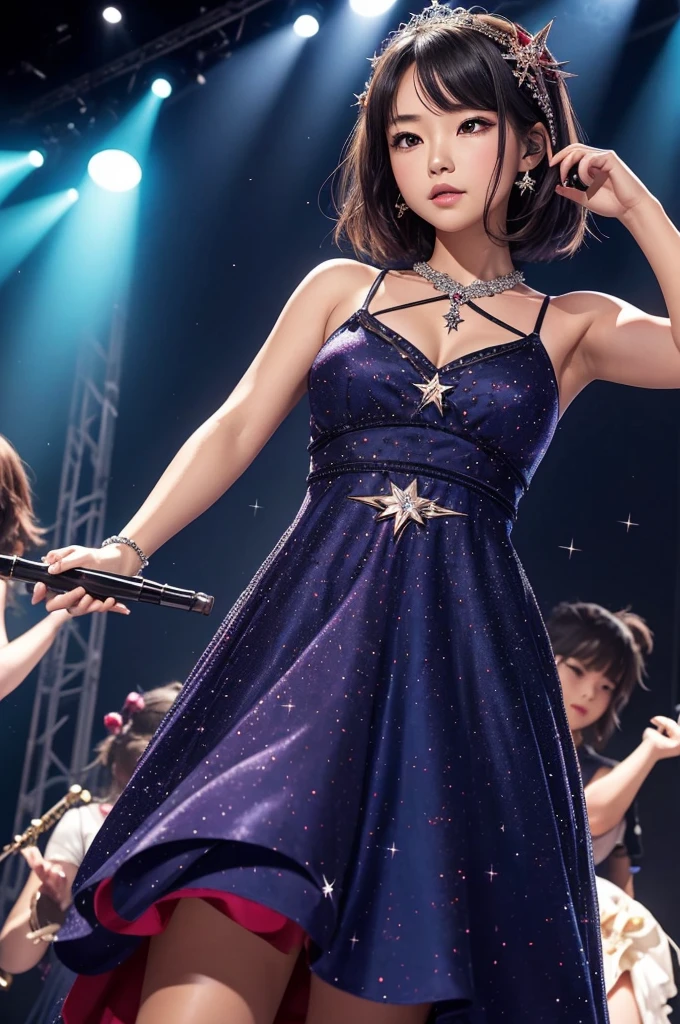 1girl, solo, best quality, masterpiece , Ruby Hoshino, hair ornament, sparking eyes, star on eye, (star on right eye:1), (dress:1.4), (concert1), on the stage,