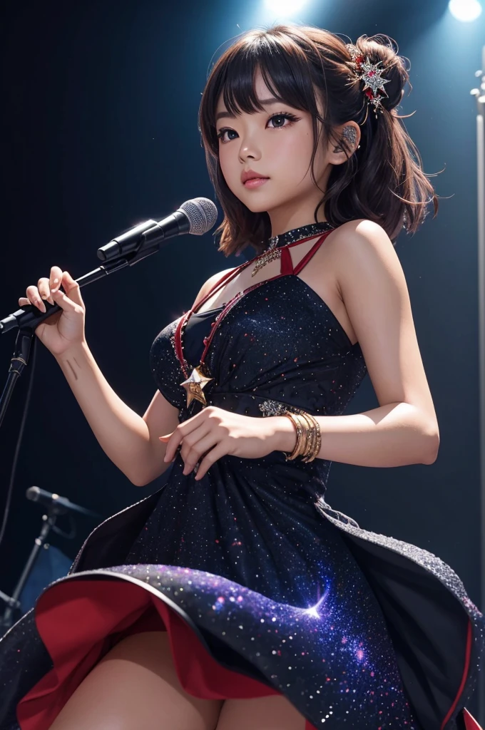 1girl, solo, best quality, masterpiece , Ruby Hoshino,  hair ornament, sparking eyes, star on eye, (star on right eye:1), (dress:1.4), (concert1), on the stage,