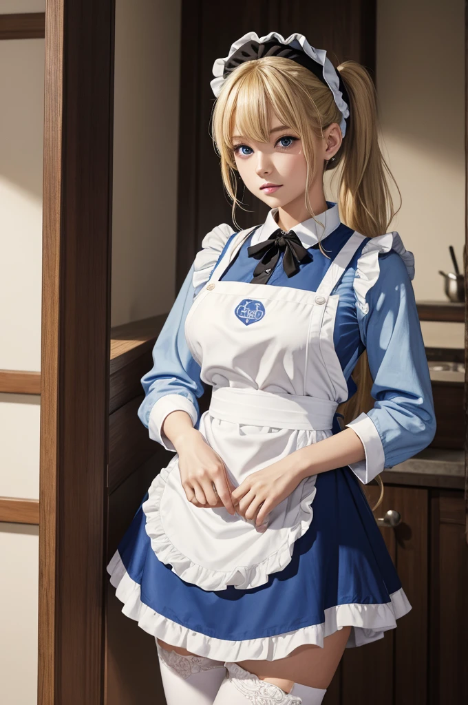 masterpeace, best quality, highres, 1girl, hayasaka ai, solo, blonde hair, maid, blue eyes, side ponytail, hair scrunchie, hair ornament, blue scrunchie, maid headdress, apron, hair between eyes, breasts, long sleeves, bangs, white shirt, black dress, sidelocks, maid apron, black pantyhose, cowboy shot,