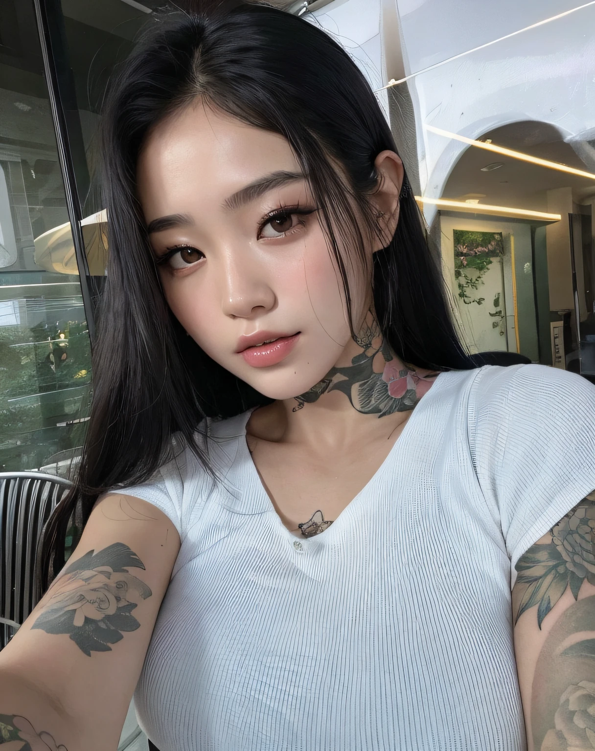 there is a woman with a tattoo on her neck posing for a photo, de menina taiwanesa com tatuagens, menina coreana, com tatuagens, Coberto, Mulher sul-coreana bonita, Jennie Blackpink, com tatuagem facial, linda mulher coreana jovem, Asian girl, Ulzzang, a young asian woman, Mulher coreana, Heonhwa Choe, Beautiful Asian girl