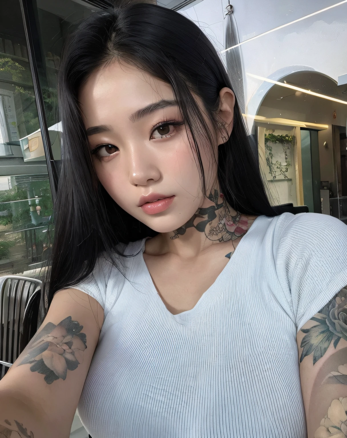 there is a woman with a tattoo on her neck posing for a photo, de menina taiwanesa com tatuagens, menina coreana, com tatuagens, Coberto, Mulher sul-coreana bonita, Jennie Blackpink, com tatuagem facial, linda mulher coreana jovem, Asian girl, Ulzzang, a young asian woman, Mulher coreana, Heonhwa Choe, Beautiful Asian girl