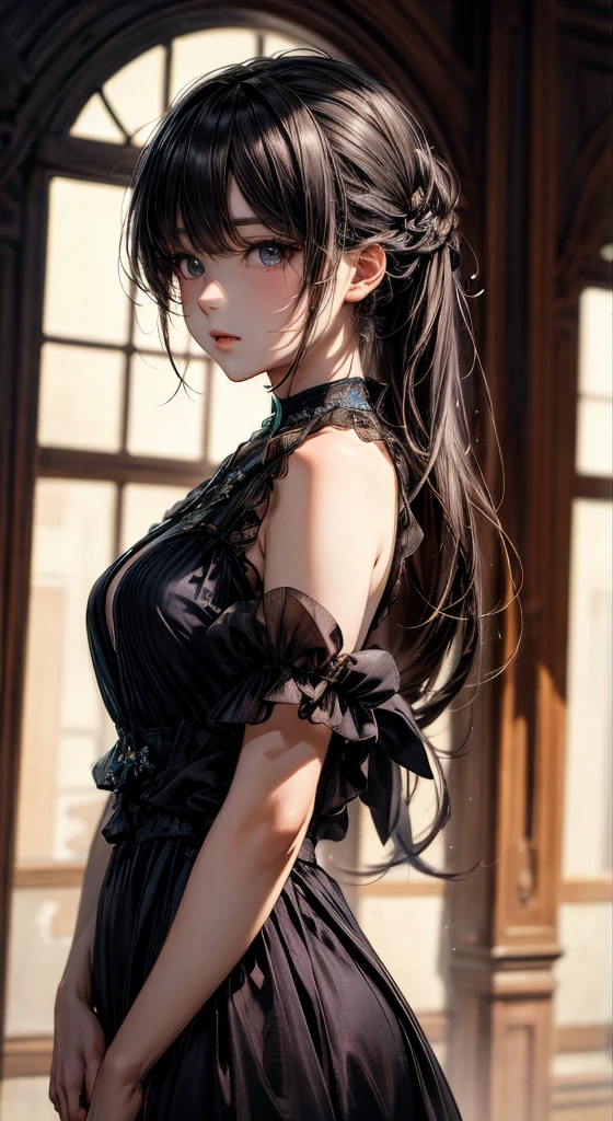babydoll,Bigchest,sitted,Standard Human Body,Wide background,sideshot, (Deserted:1.3), (tmasterpiece, top-quality, Near and far law, depth of fields:1.5), florals, mare, 云, 美丽的面容, from below, 8K, RAW photogr, absurderes, Impresionismo, (Tom Thomson, Claude Monet, Joaquin Sorolla, James Wilson Morris, Jon Fabian Aluson, Hugh Henry Breckenridge:0.8), nffsw, Photorealsitic, film grains, color difference, K HD, ultra - detailed, finedetail, 动态照明, Dramatic Lighting、shadowy、Sharp focus highly detailed eyes and face、Sharp pupils、Realistic pupils