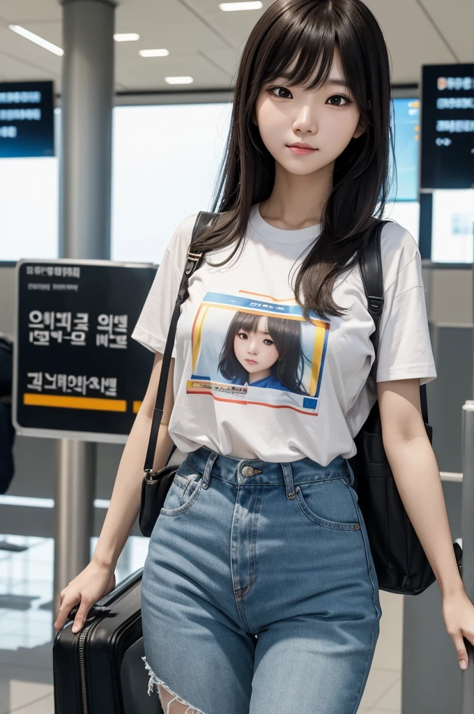 realistic photos of Korean female, crossed bangs, slightly smile, t-shirt, in the airport, pov, Eye-Level Shot, blurry, UHD, masterpiece, highres, 16k
