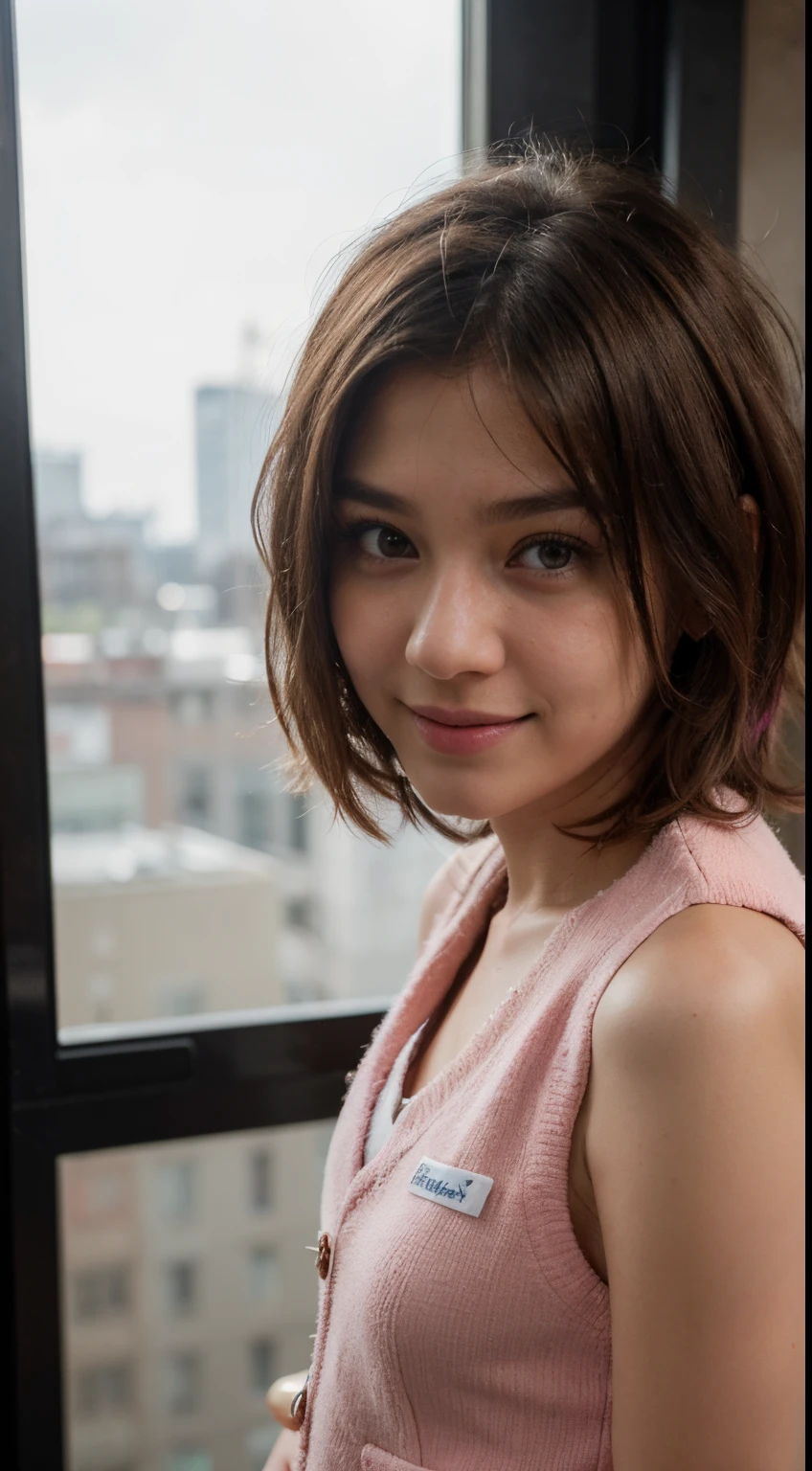 (((Short Shaggy Hairstyle))),(((Wearing Pink Vest School Uniform))),(((looking at viewer:1.5))),(((model pose))),(((view full body))),(((Photographing a girl from the front))),ulzzang-6500-v1.1, (Raw photo:1.2), (Photo realistic:1.4), a beautiful detailed girl, extremely detailed eye and face, beautiful detailed eyes, ultra-detailed, High resolution, top-quality, masterpiece, highly detailed, 8k wallpaper, Wonderful, finely detail, top-quality, Light on the face,电影灯光,1girl in,(Studio),Beautiful eyes,Teary eyes smiling,Open Mouth