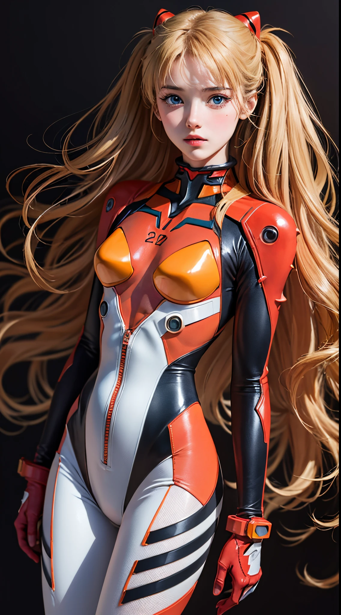 (Masterpiece: 1.4, highest quality), (intricate details), Unity8k wallpaper, super detailed, beautiful and mysterious, detailed background, realistic, solo, perfect detail face, detailed blue eyes, very detailed, blush, hair ornament, chignon mahogany hair, (blonde hair), plug suit 02,Shikinami Asuka Langley, Evangelion, slender 15-year-old girl, full body suit, black background, Above the waist