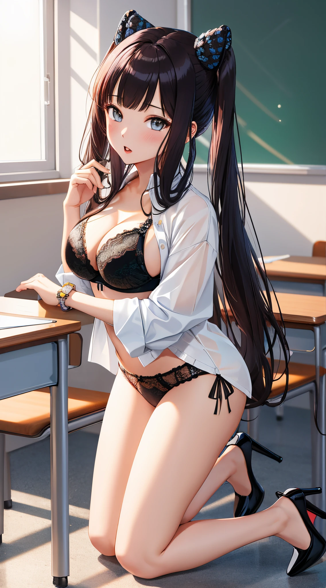 (best quality), 1 girl, ultra-detailed, illustration, yang guifei, classroom, (teacher), (kneeling), (open white shirt:1.2), lace bra, lace panties, open mouth, glossy lips, high heels