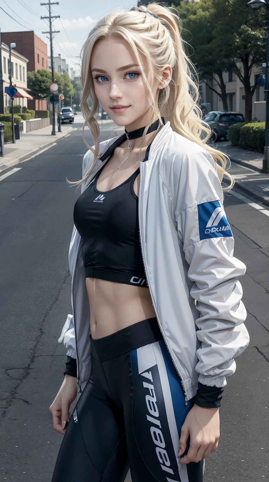 25-year-old Caucasian woman、platinum-blonde、blue eyess、Semi-long、My hair is wavy、Hair is tied up、accessories on the wrist、wearing a choker、a smile、slim muscular body、I don't want my head to disappear from the screen.、Wearing a cycling jacket and cycling pants、Road bike nearby、