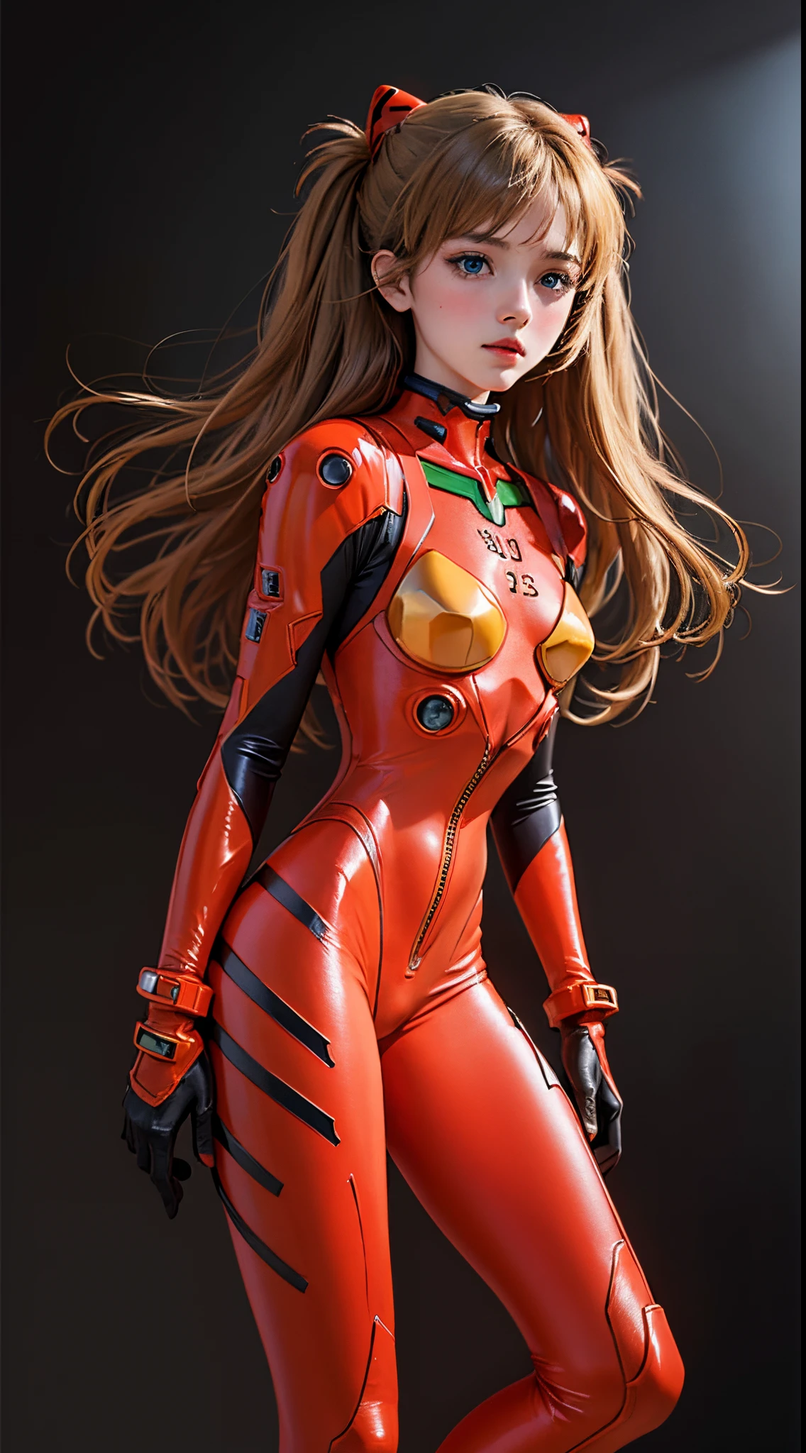 (Masterpiece: 1.4, highest quality), (intricate details), Unity8k wallpaper, super detailed, beautiful and mysterious, detailed background, realistic, solo, perfect detail face, detailed blue eyes, very detailed, blush, hair ornament, chignon mahogany hair, (blonde hair), plug suit 02,Shikinami Asuka Langley, Evangelion, slender 15-year-old girl, full body suit, black background, Above the waist