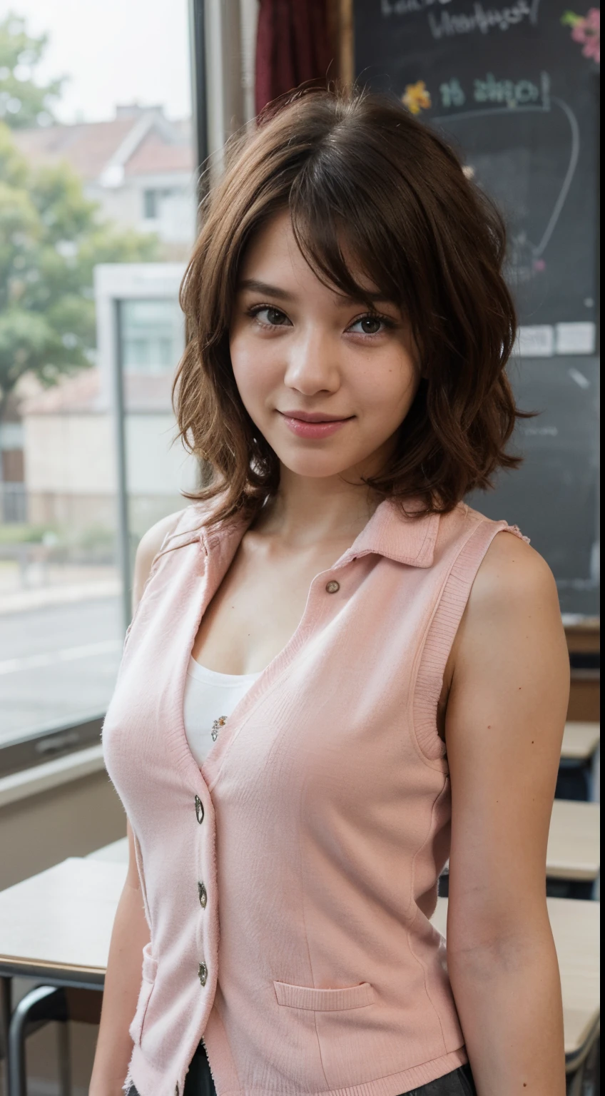 (((Short Shaggy Hairstyle))),(((Wearing Pink Vest School Uniform))),(((looking at viewer:1.5))),(((model pose))),(((view full body))),(((Photographing a girl from the front))),ulzzang-6500-v1.1, (Raw photo:1.2), (Photo realistic:1.4), a beautiful detailed girl, extremely detailed eye and face, beautiful detailed eyes, ultra-detailed, High resolution, top-quality, masterpiece, highly detailed, 8k wallpaper, Wonderful, finely detail, top-quality, Light on the face,电影灯光,1girl in,(Besutiful Classroom),Beautiful eyes,Teary eyes smiling,Open Mouth