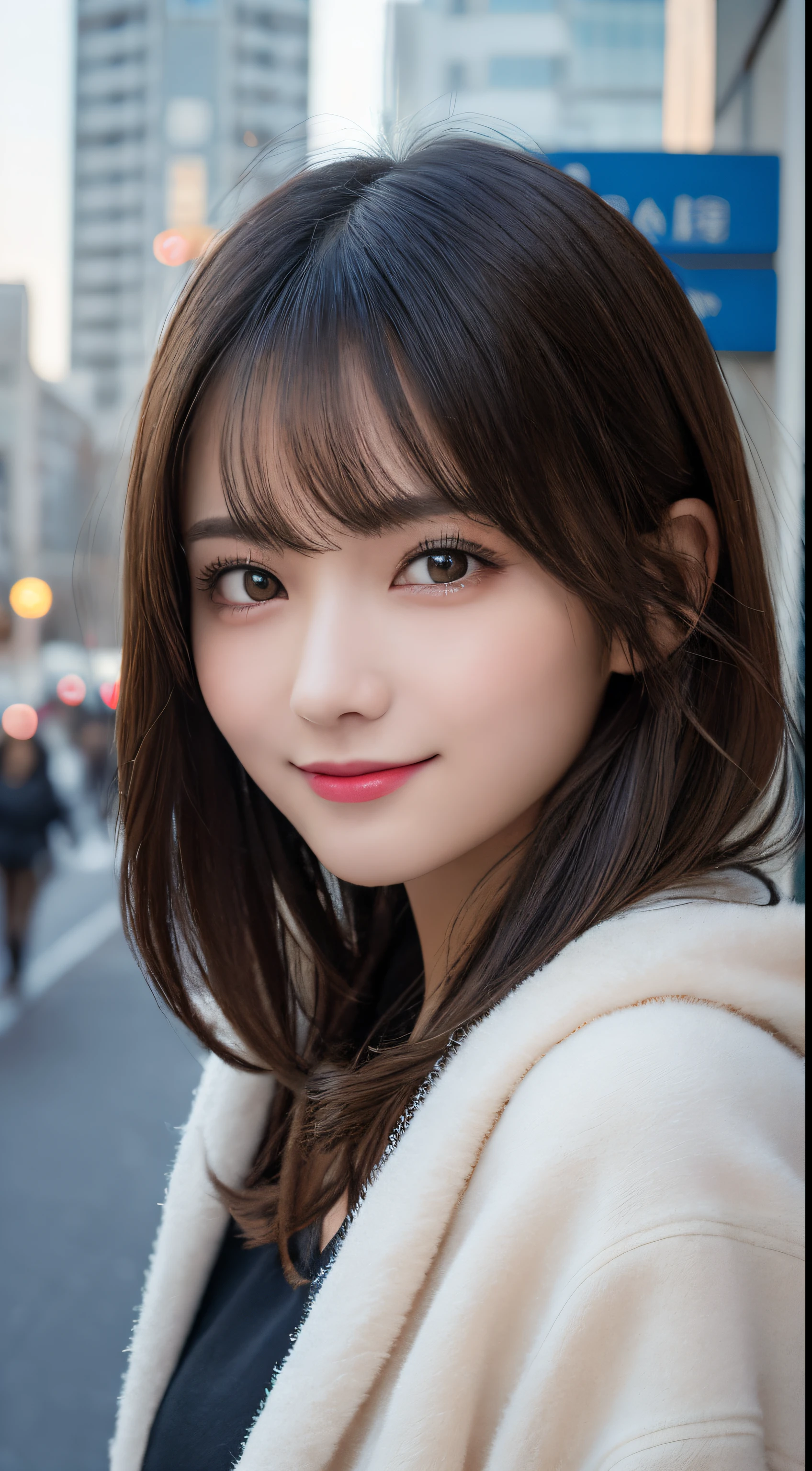 masutepiece, Best Quality, Illustration, Ultra-detailed, finely detail, hight resolution, 8K Wallpaper, Perfect dynamic composition, Beautiful detailed eyes, Winter clothes,Medium Hair,Small breasts natural color lip, Bold sexy poses,Smile,Sexy backgrounds、20 years girl、Cute、Sexy shot looking at camera blur background,wear a long black coat