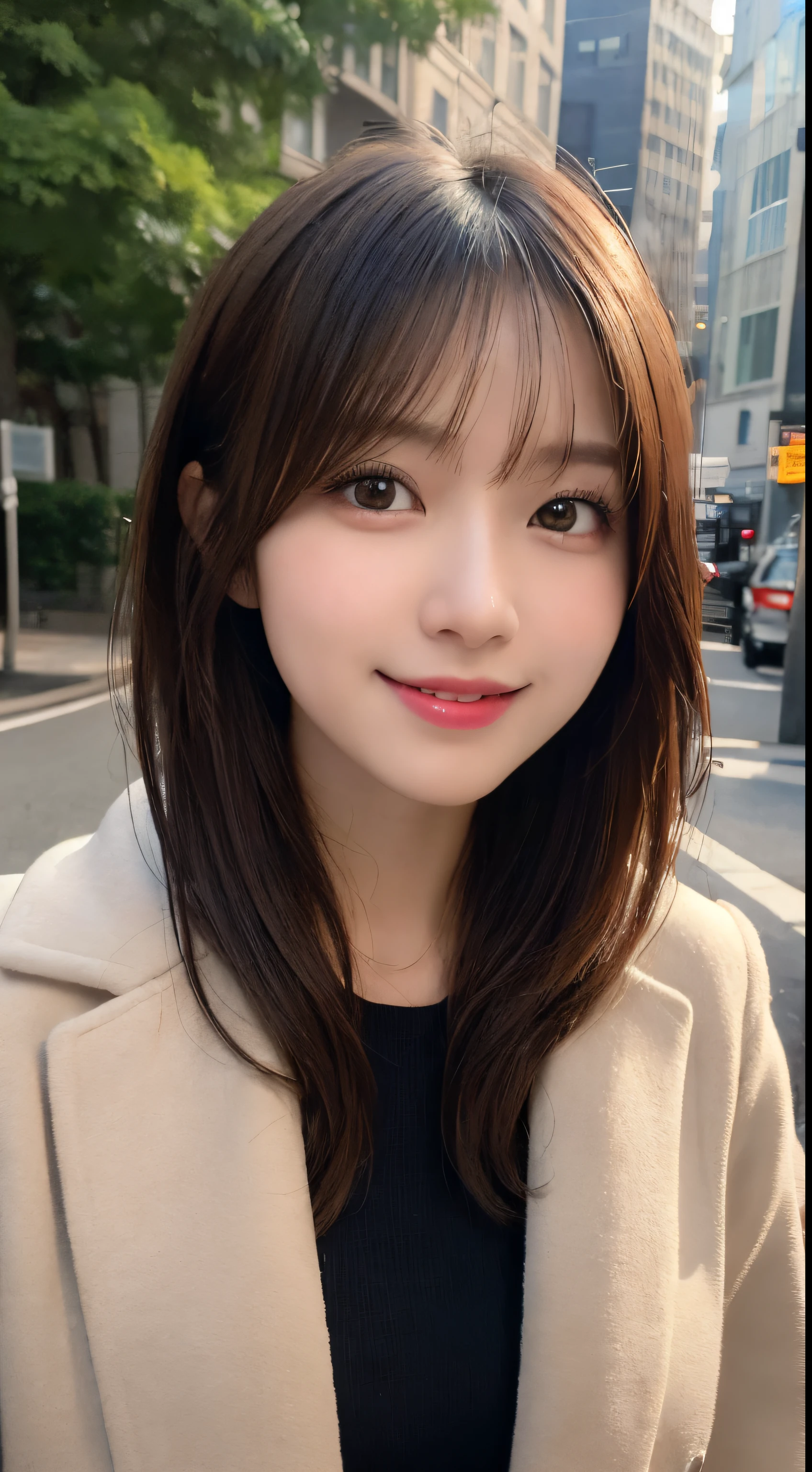 masutepiece, Best Quality, Illustration, Ultra-detailed, finely detail, hight resolution, 8K Wallpaper, Perfect dynamic composition, Beautiful detailed eyes, Winter clothes,Medium Hair,Small breasts natural color lip, Bold sexy poses,Smile,Sexy backgrounds、20 years girl、Cute、Sexy shot looking at camera blur background,Wear a long black coat