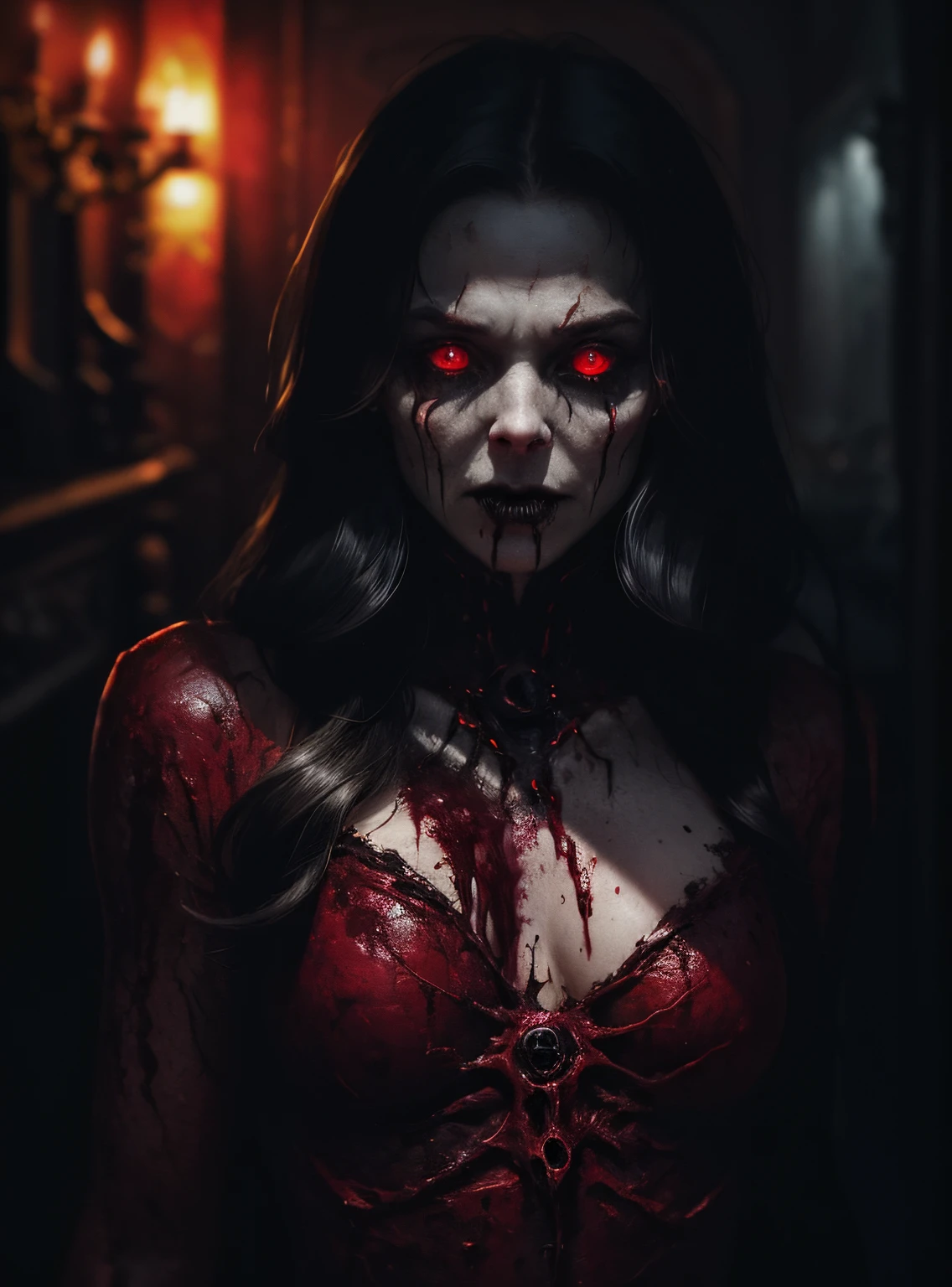 a terrifying mental image of a female figure of pure evil immersed in a hideous and hellish environment, obscure place coming from hell, dark ritual, appearance like a demon with sinister glowing eyes that evoke instant terror, evil beast, fiend, demon, abyss, infernal, nether, damnation, hellish attire that exude an evil glowing aura, flesh, bones, skull, blood, environment around as a hellscape, distorted shadows, agonizing, obscure, terrifying nightmare, horror, demonic presence, gore, grume, slaughter, carnage, butchery, highest quality, 4k, best composition, depth of field, bloom, lens 1.8, 25 mm, masterpiece