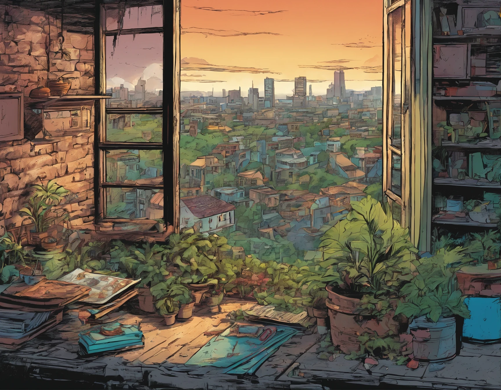 Outside the window are the ruins of the city，zombie，Shabby room，Plants growing in ruins of houses，Shabby furniture，after the end of the world，Conceptual scenes，scenography，. frank miller art