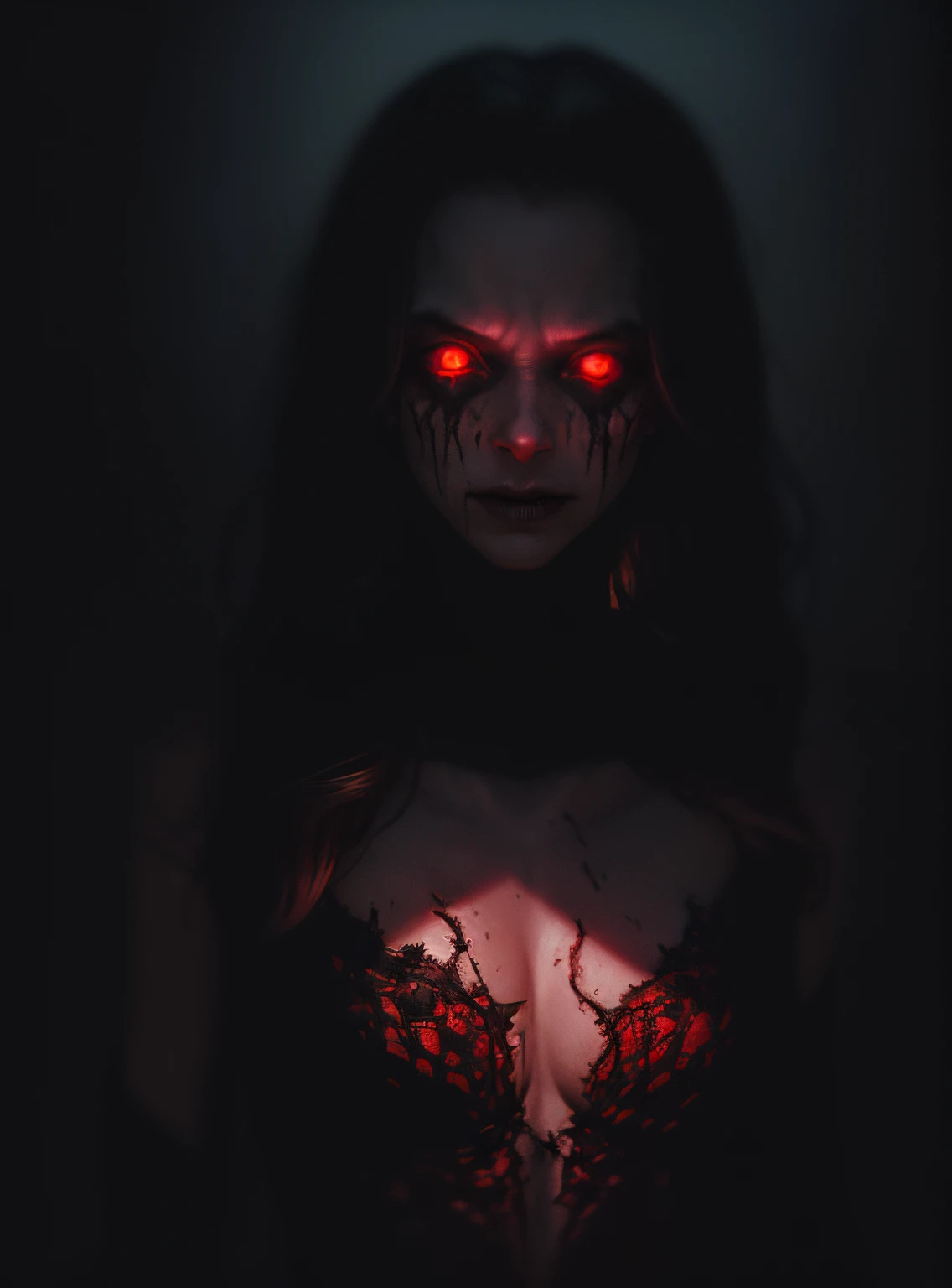 a terrifying mental image of a female figure of pure evil immersed in a hideous and hellish environment, obscure place coming from hell, dark ritual, appearance like a demon with sinister glowing eyes that evoke instant terror, evil beast, fiend, demon, abyss, infernal, nether, damnation, hellish attire that exude an evil glowing aura, flesh, bones, skull, blood, environment around as a hellscape, distorted shadows, agonizing, obscure, terrifying nightmare, horror, demonic presence, gore, grume, slaughter, carnage, butchery, highest quality, 4k, best composition, depth of field, bloom, lens 1.8, 25 mm, masterpiece
