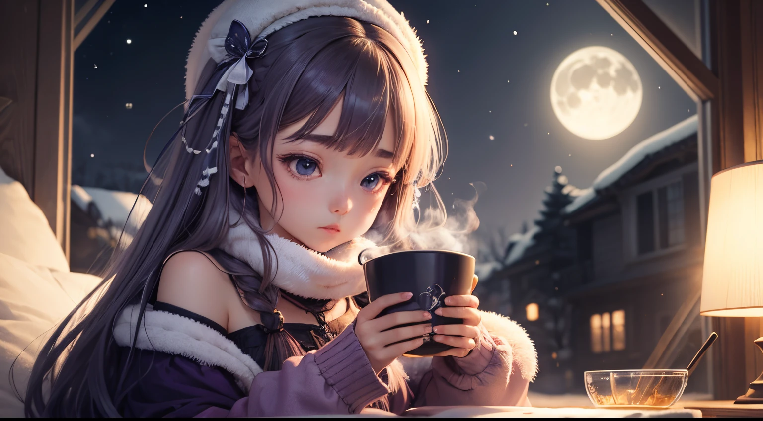 "Moonlit Melodies": Anime girl cup of coffee a winter serene moonlit scene with calming blues and purples.