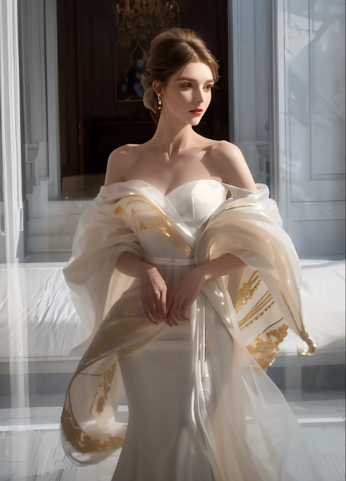Woman in white dress holding white and gold shawl, Wearing a luxurious silk cloak, Julia Lamova style, Wearing an organza dress, Wear an elegant dress, dressed beautiful gown, Draped in silk, beautiful flowing fabric, endless flowing curtain, Cover with transparent cloth, wearing elegant outfits, Draped in flowing fabric