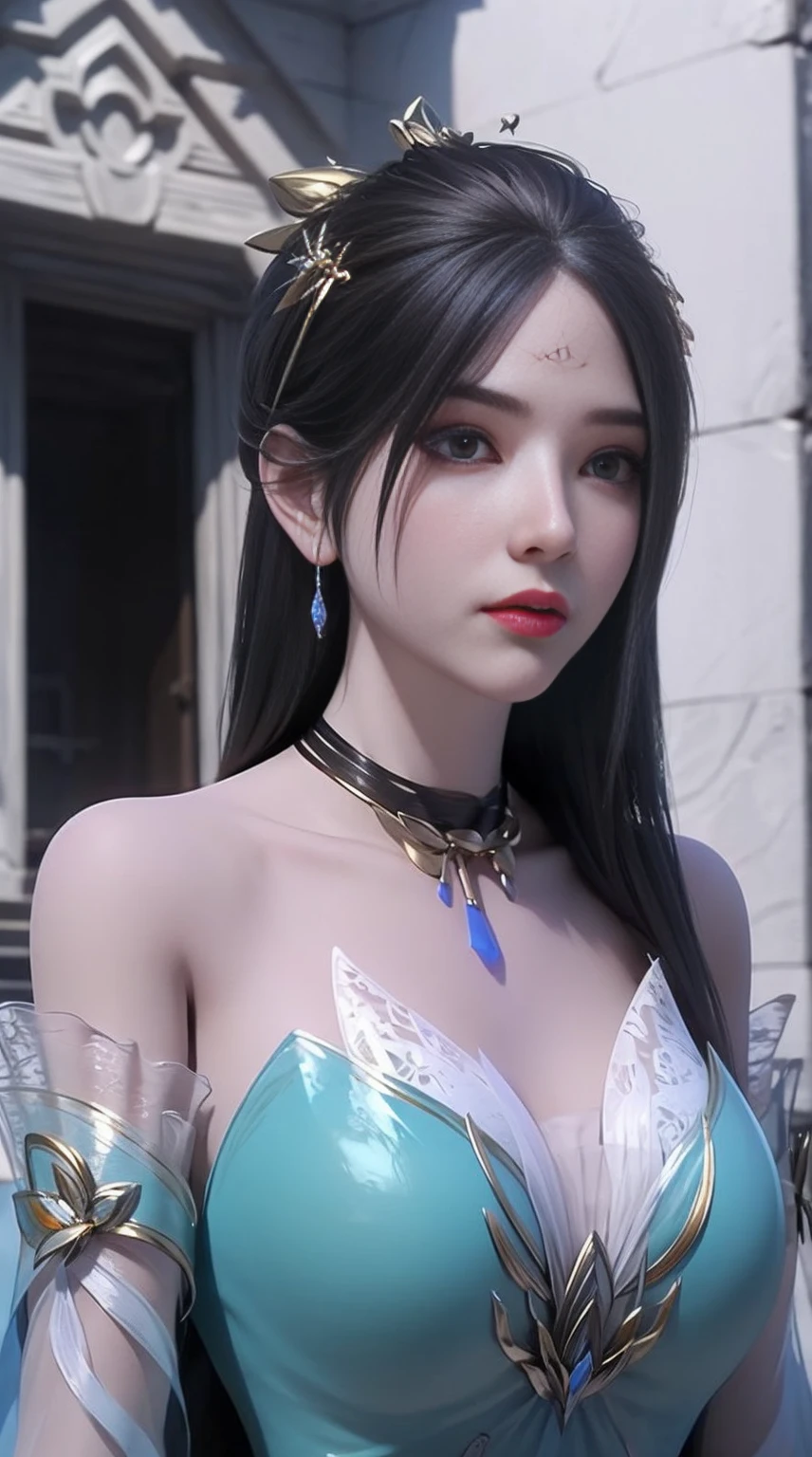sagisawa fumika, 1girl, solo, watch, pendant watch, blue eyes, breasts, gloves, tiara, dress, long hair, cleavage, looking at viewer, white gloves, bare shoulders, open mouth, large breasts, strapless, choker, blush, white dress, black hair, brown hair, hair between eyes, strapless dress, collarbone, smile, bangs, on stage,
