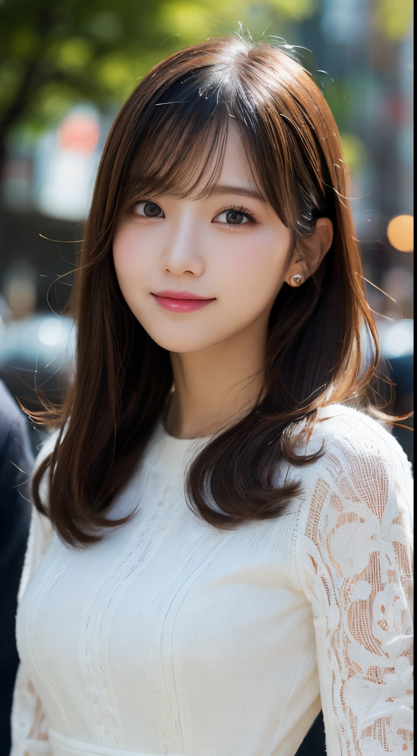 masutepiece, Best Quality, Illustration, Ultra-detailed, finely detail, hight resolution, 8K Wallpaper, Perfect dynamic composition, Beautiful detailed eyes, long-sleeved dresses,Medium Hair,small tits,Natural Color Lip, Bold sexy poses,Smile,Harajuku、20 years girl、Cute、Sexy shot looking at camera,Blur the background
