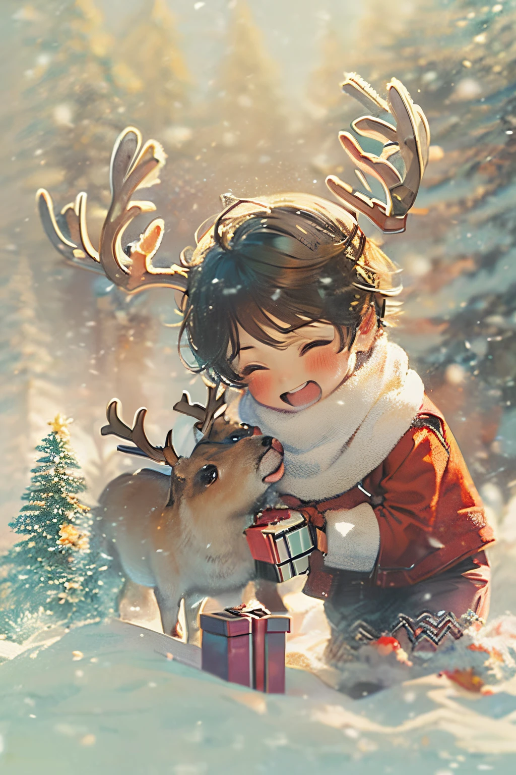 1boy, hat, gift, male focus, christmas, antlers, snowing, reindeer, reindeer antlers, smile, brown hair, santa hat, male child, snow, blurry, blush, scarf, looking down, gift box, child, box, santa costume, animal, depth of field, fur trim