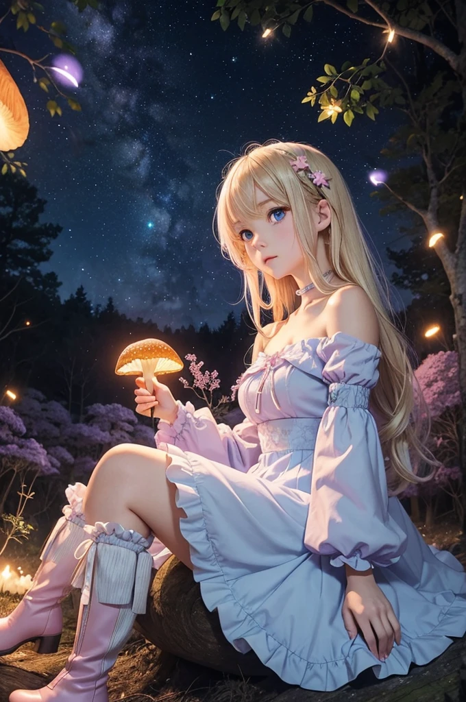 Light blonde haired anime girl with pale blue purple eyes wearing pink off shoulder puffy sleeves dress and knee length white boots sitting in the woods next to an orange mushroom surrounded by fireflies under starry sky sitting