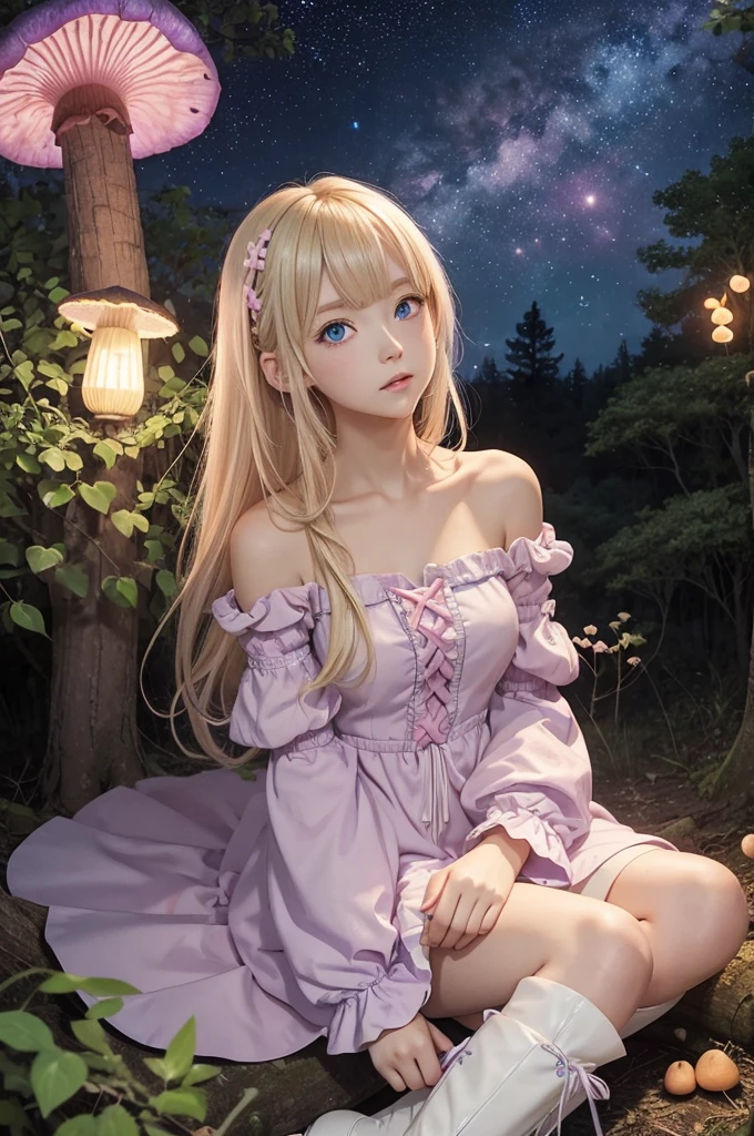 Light blonde haired anime girl with pale blue purple eyes wearing pink off shoulder puffy sleeves dress and knee length white boots sitting in the woods next to an orange mushroom surrounded by fireflies under starry sky sitting