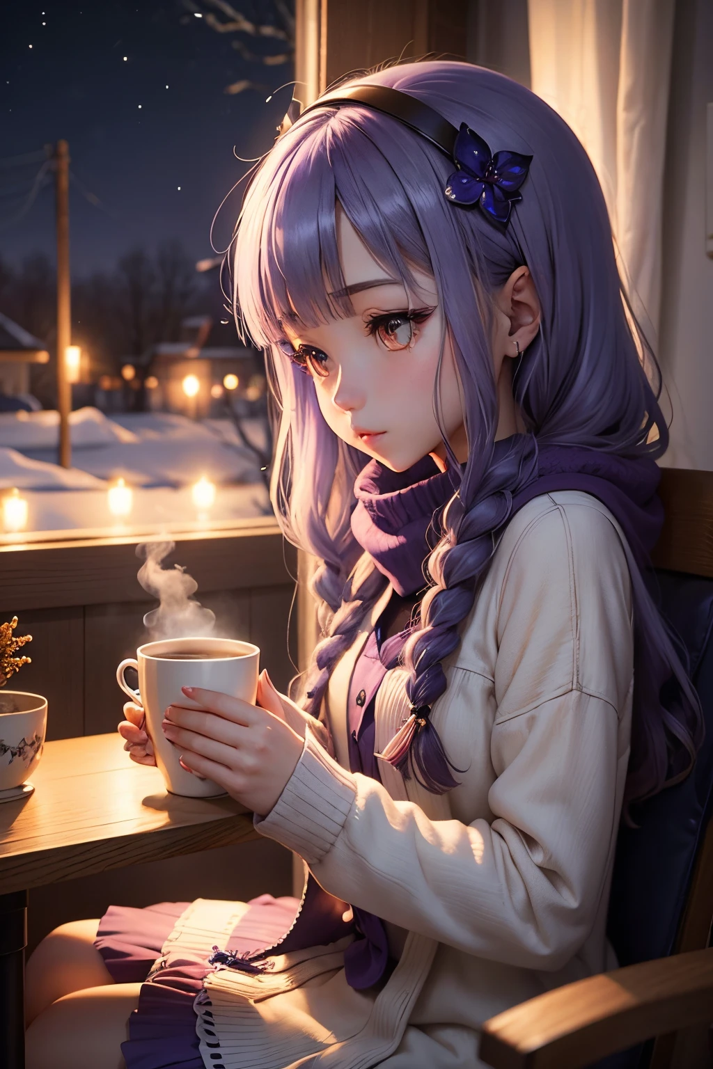 "Moonlit Melodies": Anime girl cup of coffee a winter serene moonlit scene with calming blues and purples.