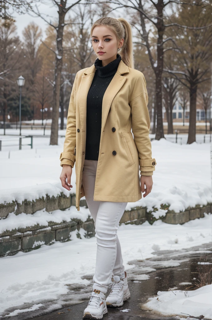 Woman, 20 Years old, Russian, Makeup, smoky eyes, yellow eyes, Blonde hair, Ponytail, wearing winter clothing, walking in the park covered on snow