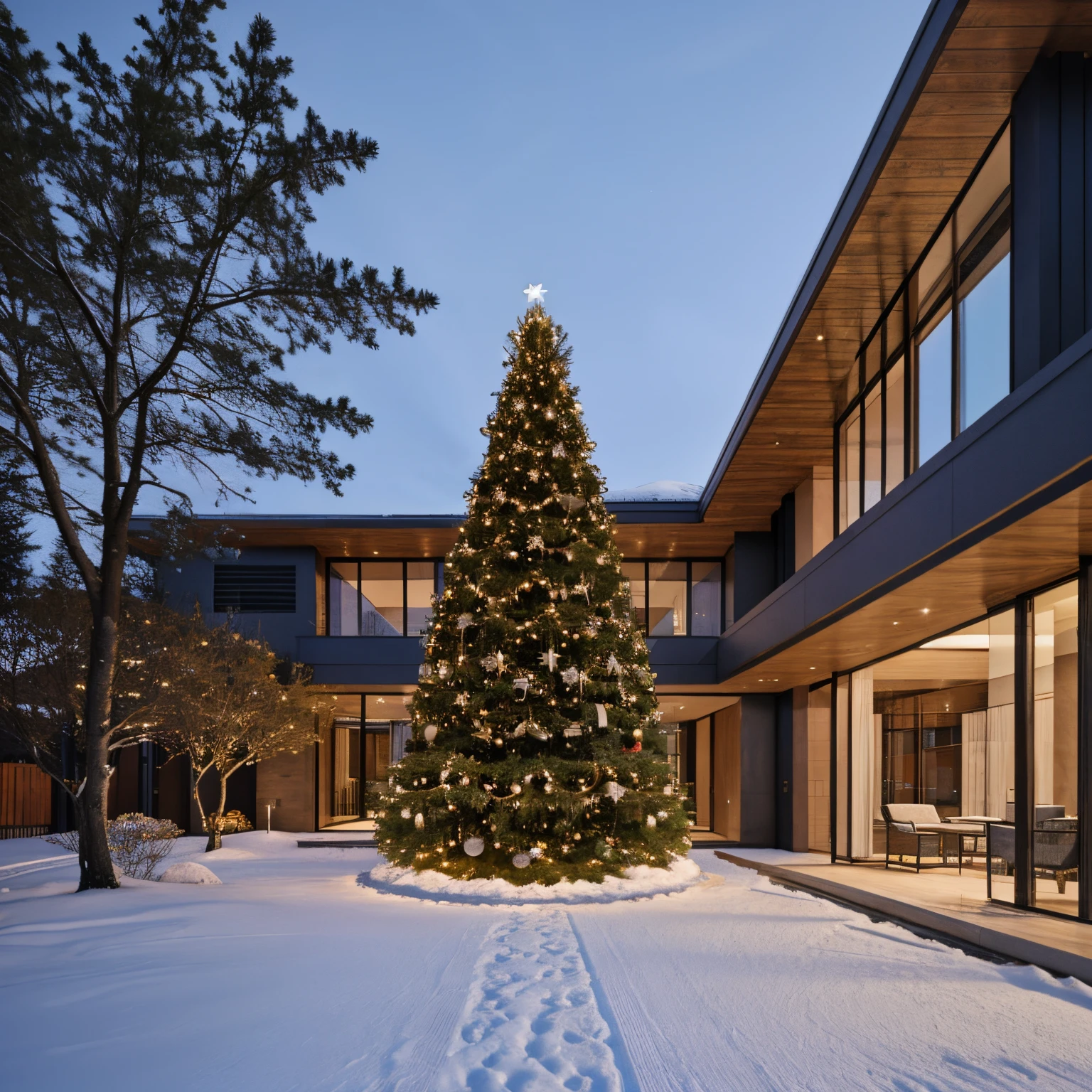 a villa modern, exterior, style Christmas, (Christmas tree:1.2), glass window, snow,