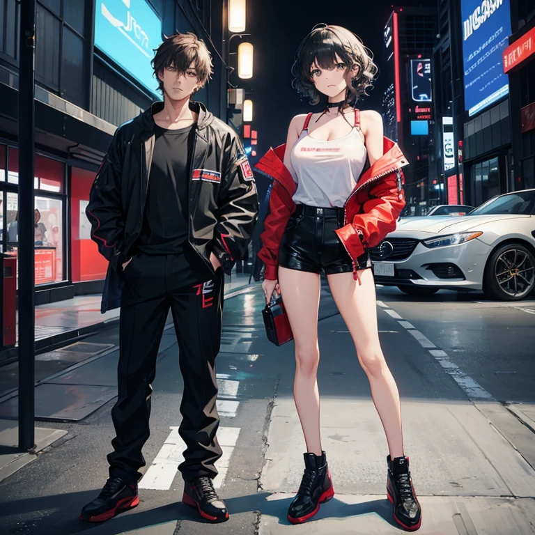 petite sexy woman with short curly hair has a wavy haired man standing beside her with JDM cars behind them and neon city.