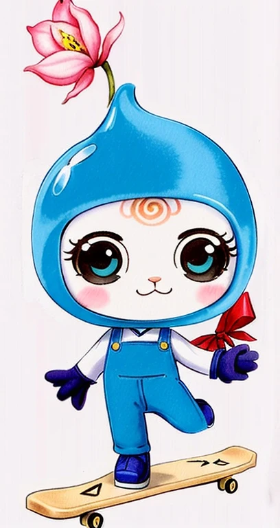 A blue cat riding a skateboard,There a painting of a flower on it, tchibi, character covered in liquid, Cute characters, cute character, Watercolor Nendoroid, Inspired by Ma Yuanyu, Character art of Maple Leaf Story, kawaii, adolable, Kawaii chibi, inspired by Lü Ji, Official fan art, Dōjinga