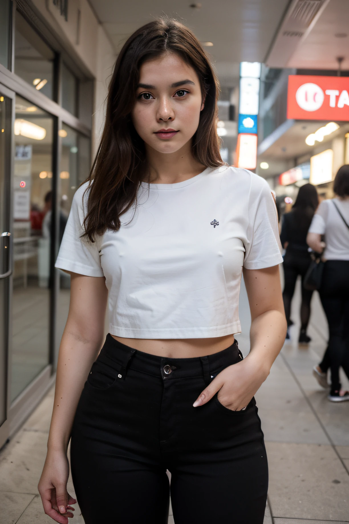 photograph Anong muller 20yo,perfect model, master part, black short t shirt,black pants,wlaking,shopping,at department store,