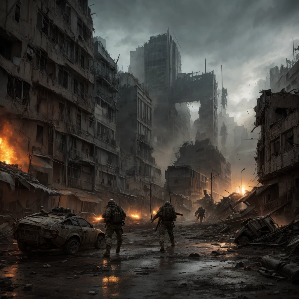 War in the city ruins,Post apocalyptic,Rush towards enemy soldierist,Light rain, best quality,ultra-detailed,realistic:1.37, HDR,vivid colors,professional