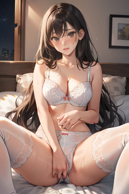 masterpiece, ultra high definition, young woman, alone, long-haired, exposed cleavage, soft breasts, overflowing sperm, open legs, open crotch, open knees, embarrassed, blush, masturbation, misaligned bra, sweaty, wet underwear, masturbation, sperm taken, hands inside underwear, mucus, glare, white stockings, white underwear, lying, stone room, bedroom, undressing, night