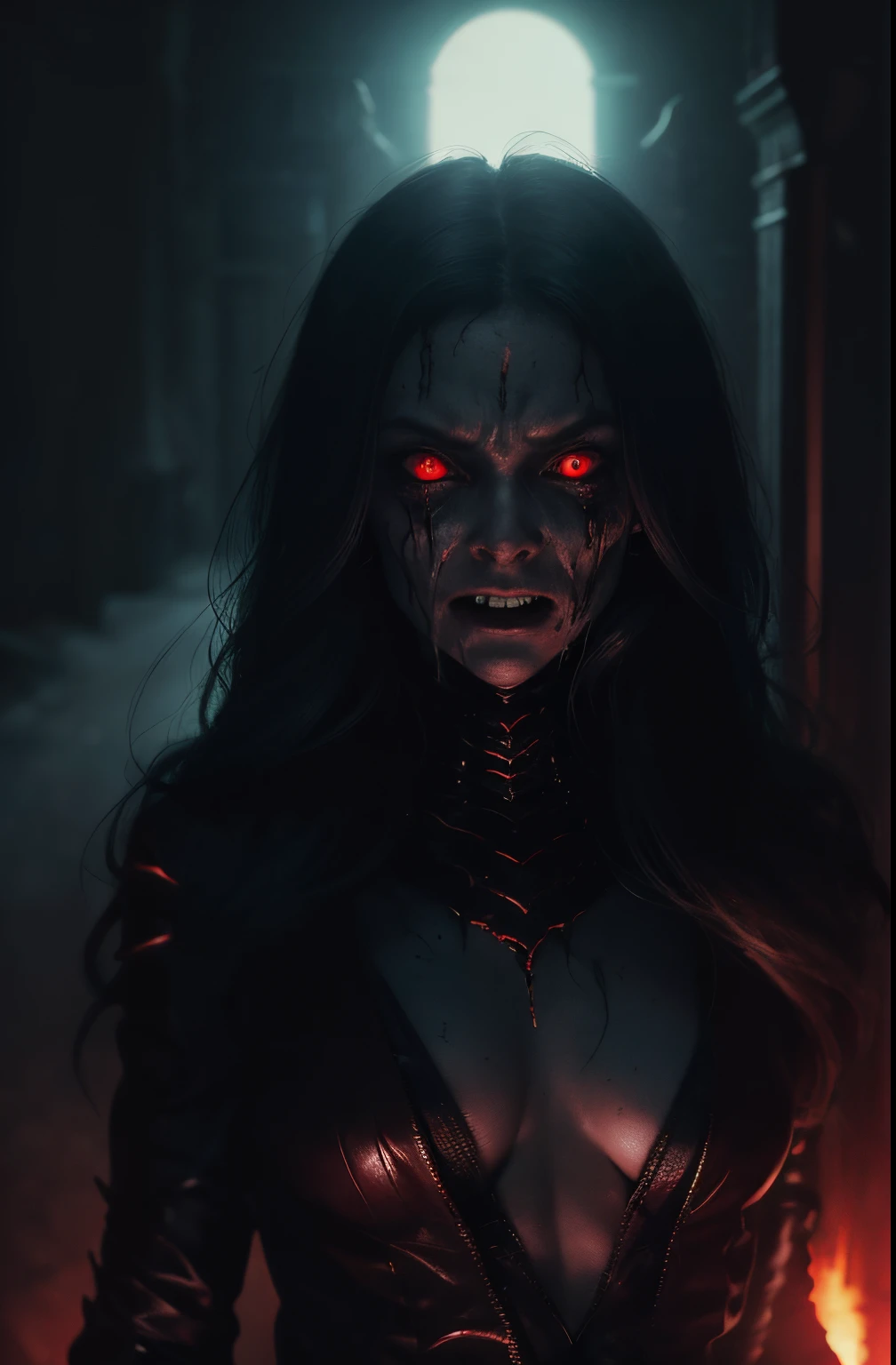 a terrifying mental image of a female figure of pure evil, immersed in a hideous and hellish environment, appearance like a demon with sinister eyes that evoke instant terror, evil beast, fiend, demon, dark attire that exude an evil aura, environment around as a hellscape, distorted shadows, agonizing, obscure, terrifying nightmare, horror, evil female figure in a obscure place coming from hell, demonic presence, highest quality, 4k, sharp focus, depth of field, lens 1.8, 25 mm, masterpiece