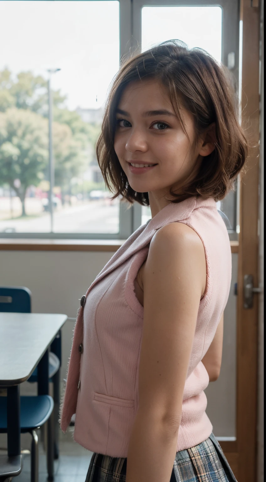 (((Short Shaggy Hairstyle))),(((Wearing Pink Vest Schoolgirl Uniform))),(((looking at viewer:1.5))),(((standing))),(((view full body))),(((Photographing a girl from side))),ulzzang-6500-v1.1, (Raw photo:1.2), (Photo realistic:1.4), a beautiful detailed girl, extremely detailed eye and face, beautiful detailed eyes, ultra-detailed, High resolution, top-quality, masterpiece, highly detailed, 8k wallpaper, Wonderful, finely detail, top-quality, Light on the face,电影灯光,1girl in,(Beautiful Classroom),Beautiful eyes,Teary eyes smiling,Open Mouth