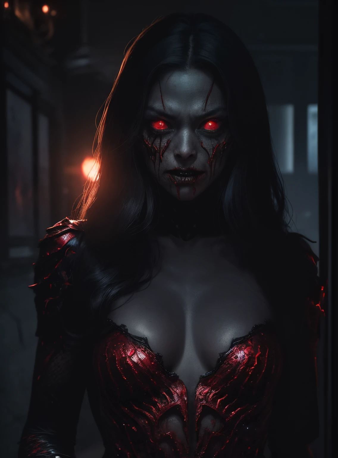 a terrifying mental image of a female figure of pure evil, immersed in a hideous and hellish environment, appearance like a demon with sinister eyes that evoke instant terror, evil beast, fiend, demon, dark attire that exude an evil aura, environment around as a hellscape, distorted shadows, agonizing, obscure, terrifying nightmare, horror, evil female figure in a obscure place coming from hell, demonic presence, highest quality, 4k, sharp focus, depth of field, lens 1.8, 25 mm, masterpiece