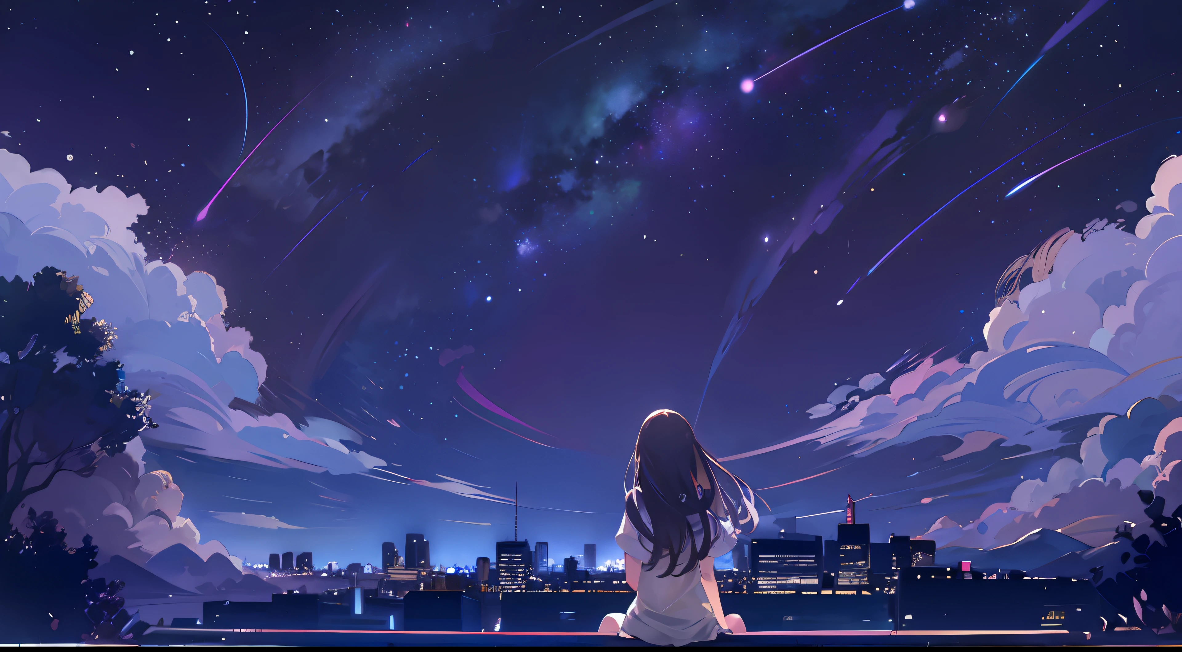 octans, sky, star (sky), scenery, starry sky, night, 1girl, night sky, solo, outdoors, building, cloud, milky way, sitting, tree, long hair, city, silhouette, cityscape