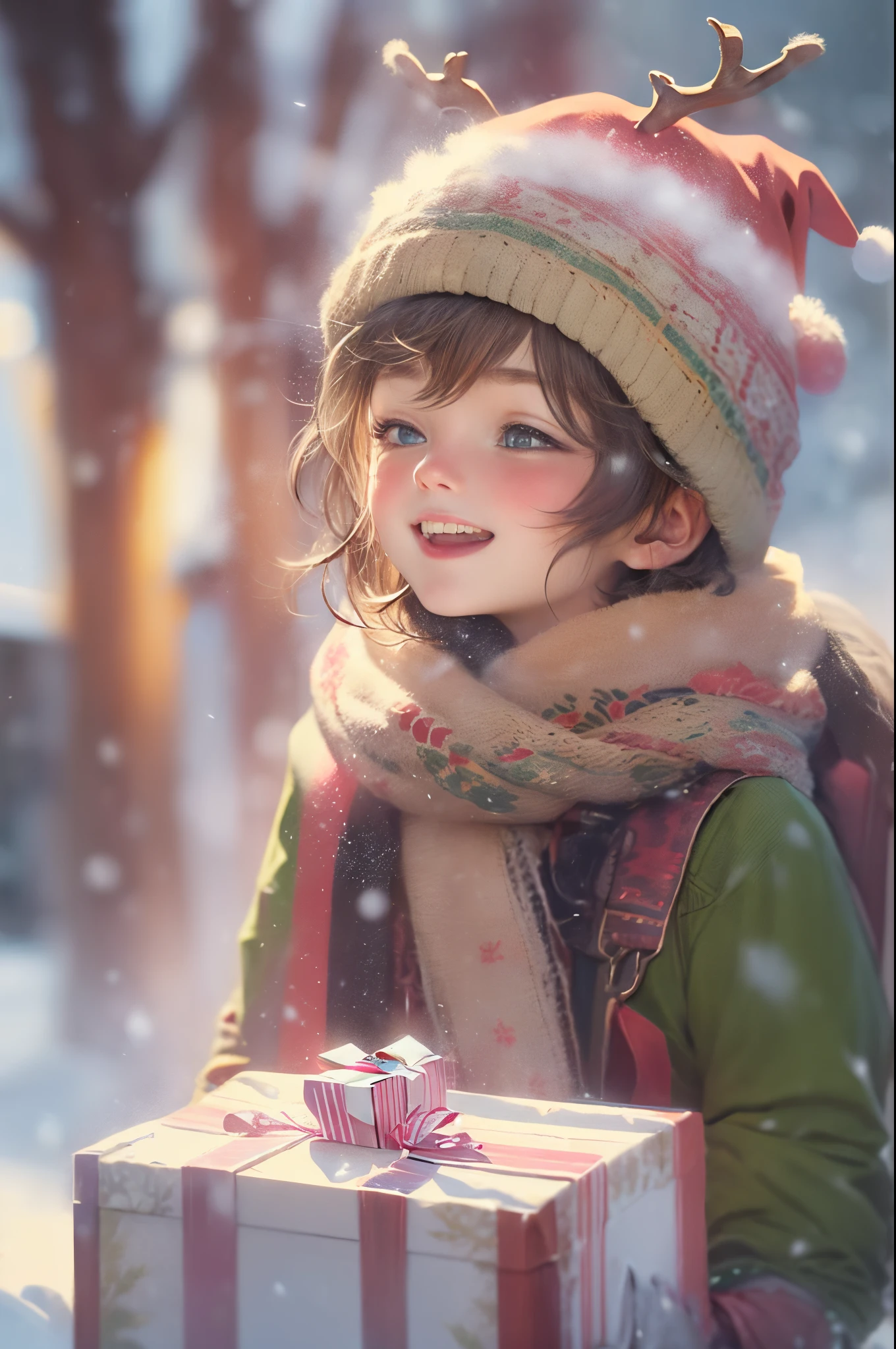 1boy, hat, gift, male focus, christmas, antlers, snowing, reindeer, reindeer antlers, smile, brown hair, santa hat, male child, snow, blurry, blush, scarf, looking down, gift box, child, box, santa costume, animal, depth of field, fur trim