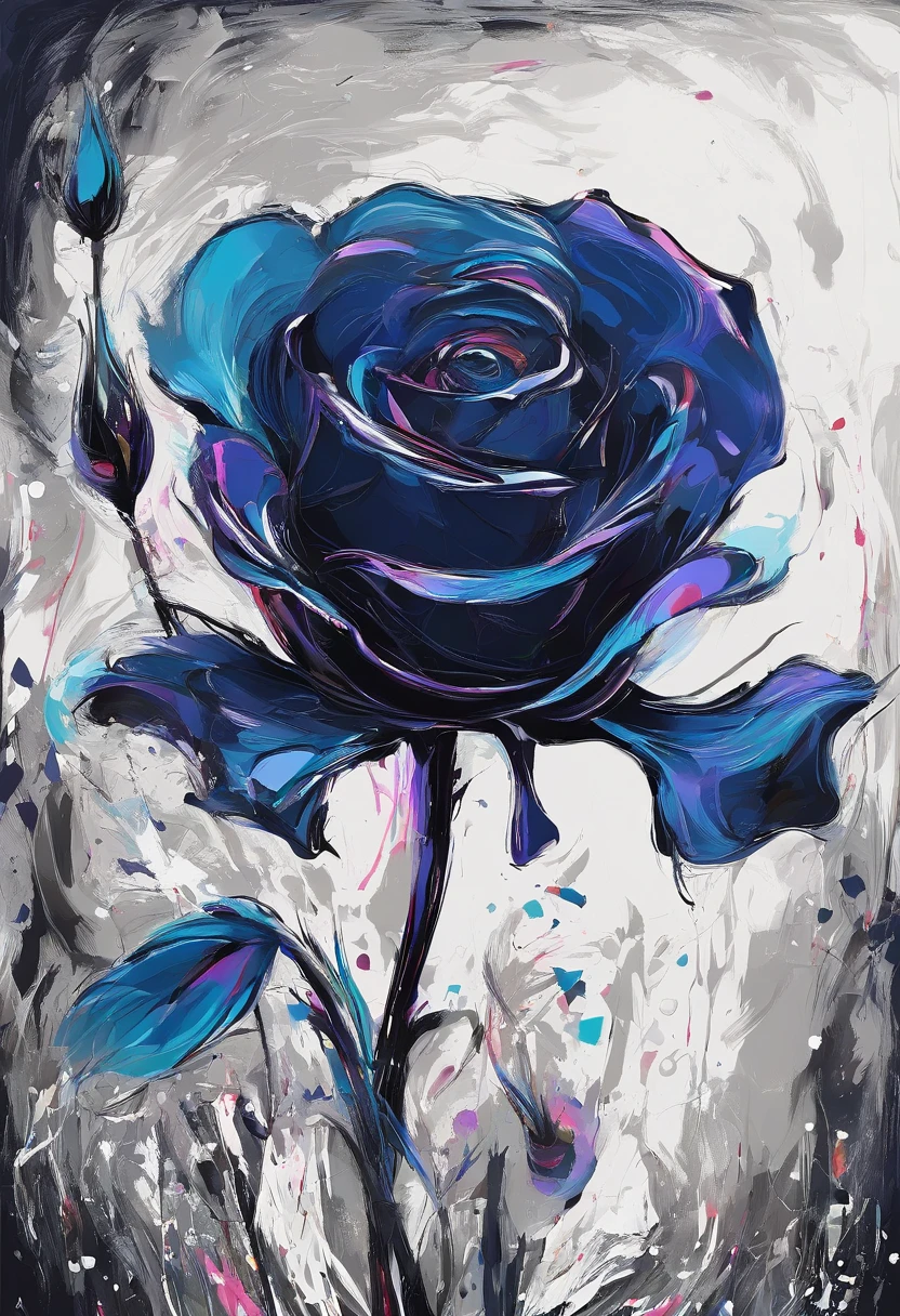 Draw an abstract painting of a single flower.,deep black rose flower、use acrylic paint、Abstract artist known for his unique use of acrylic pouring, real brush strokes,aesthetic composition,Minimal style, heavy controlled strokes、Overwhelming shape、deep mysterious beauty, deep black rose flower、It strongly symbolizes the despair and sadness of the work.....、The overall tone of the work is deep and dark...、dark blue-purple、Add moist compacted sand、Enhances the texture and tactile elements of your artwork, While staring at this image, oot、Interaction of color and texture、feel hopeless、Swallowed into a whirlpool of despair、isolated in despair