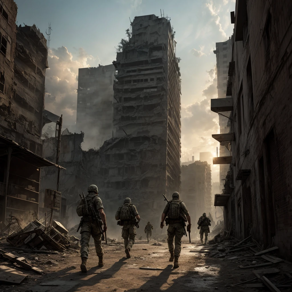 War in the city ruins,Post apocalyptic,sneaking towards enemy soldierist,early morning, best quality,ultra-detailed,realistic:1.37, HDR,vivid colors,professional