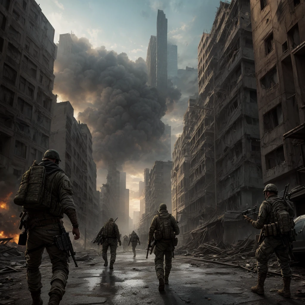 War in the city ruins,Post apocalyptic,sneaking towards enemy soldierist,early morning, best quality,ultra-detailed,realistic:1.37, HDR,vivid colors,professional