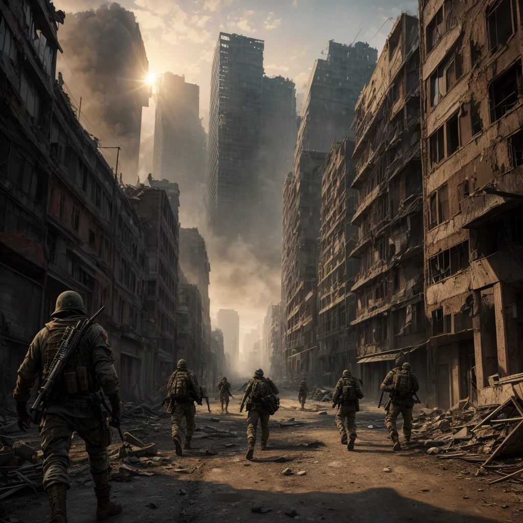 War in the city ruins，Post apocalyptic，sneaking towards enemy soldierist，early morning, best quality,ultra-detailed,realistic:1.37, HDR,vivid colors,professional