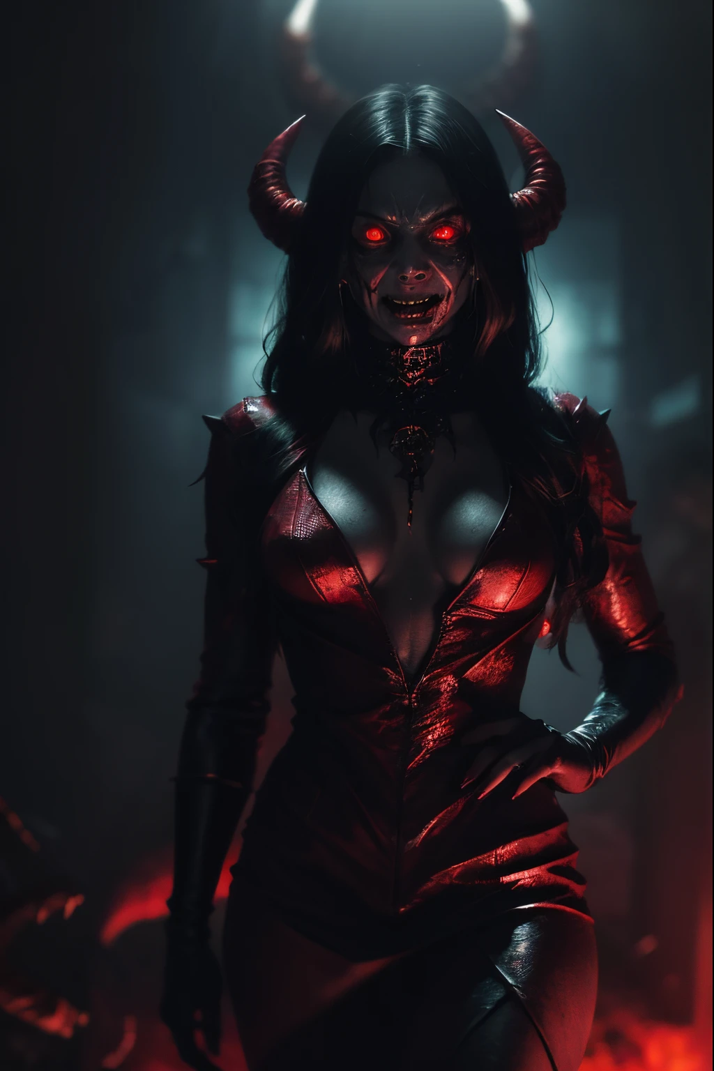 a terrifying mental image of a female figure of pure evil, immersed in a hideous and hellish environment, appearance like a demon with sinister glowing eyes that evoke instant terror, evil beast, fiend, demon, hellish attire that exude an evil glowing aura, environment around as a hellscape, distorted shadows, agonizing, obscure, terrifying nightmare, horror, evil female figure in a obscure place coming from hell, demonic presence, highest quality, 4k, best composition, sharp focus, depth of field, lens 1.8, 25 mm, masterpiece