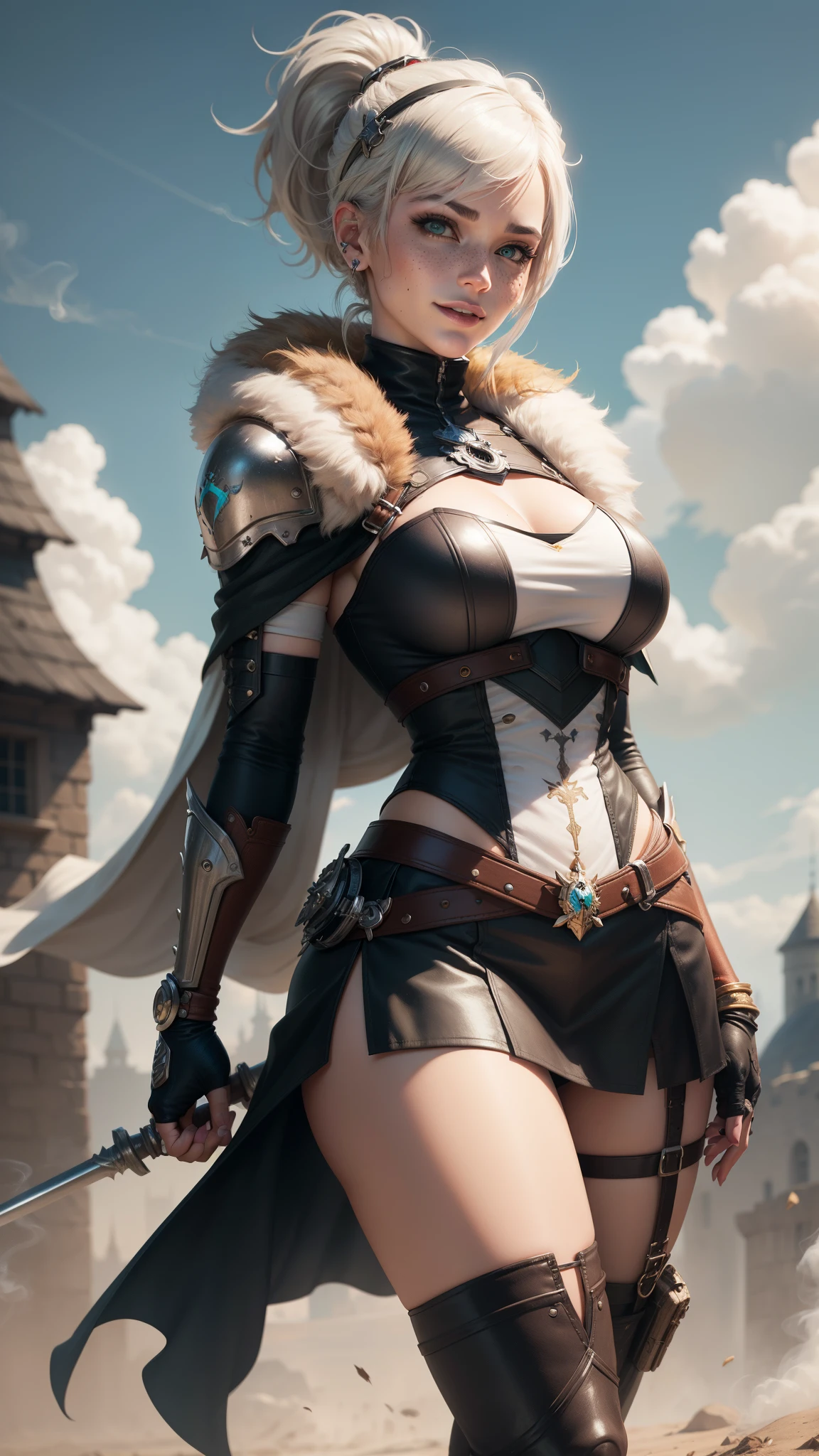 looking at viewer, half body angle, cave background, movie still, chiaroscuro lighting, Rembrandt lighting, female hunter, Wearing archer clothing, with totem painted on face and arms, elf blonde long hair, huge breast, appropriate muscle definition, half-kneeling on the ground, heroic posture, realistic style,(8k, RAW photo, best quality, masterpiece:1.2), (realistic:1.3), (photorealistic:1.3), detailed facial features, ultra-detailed, Masterpiece, realistic lighting, best quality, masterpiece,best quality,extremely detailed CG unity 8k wallpaper,on artstation