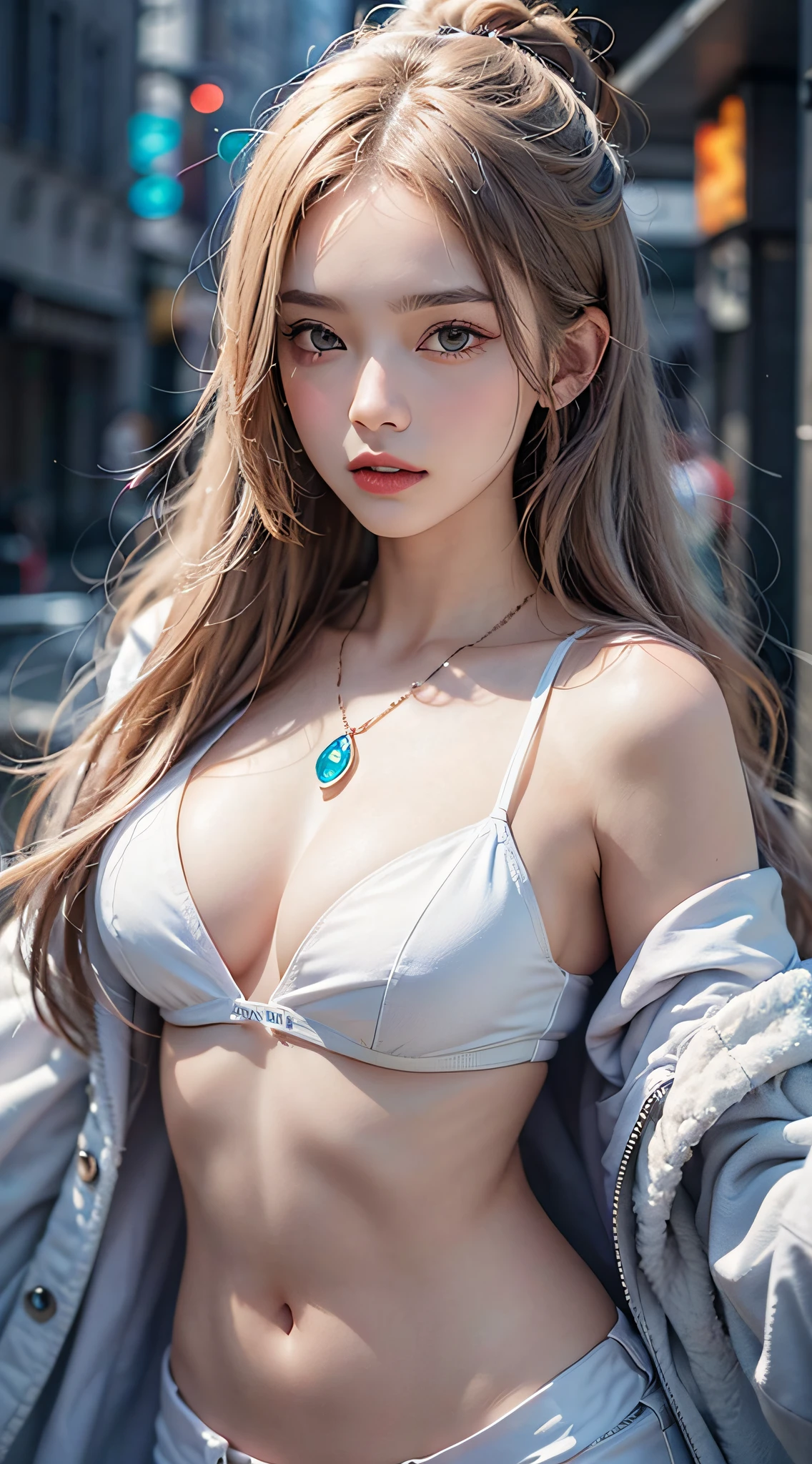(a closeup:1.4)、(Raw photography:1.2)、(Photorealsitic:1.4)、(masterpiece:1.3)、(top-quality:1.4)、(Beautiful woman with perfect body:1.4)、(perfect anatomia:1.2)、Beautiful girl college student、masutepiece、Light makeup、Red lips、Silvery hair、messy long hair、Street background、Beautiful、elegent、Ultra-fine details、Master works、Real texture、cinematic lighting realism、Perfect job、in 8K、Exquisite facial features、White tight open cut top、Transparent white tight shorts、slim figure、Bright Big Eyes、耳环、a necklace、