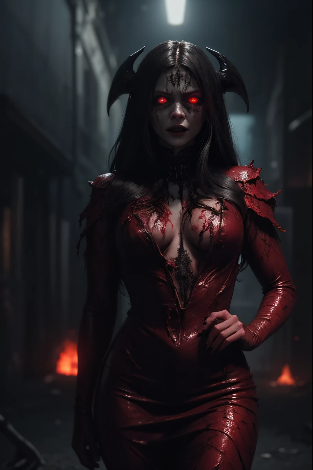 a terrifying mental image of a female figure of pure evil, immersed in a hideous and hellish environment, appearance like a demon with sinister glowing eyes that evoke instant terror, evil beast, fiend, demon, abyss, infernal, nether, damnation, hellish attire that exude an evil glowing aura, environment around as a hellscape, distorted shadows, agonizing, obscure, terrifying nightmare, horror, evil female figure in a obscure place coming from hell, demonic presence, gore, grume, slaughter, carnage, butchery, highest quality, 4k, best composition, sharp focus, depth of field, lens 1.8, 25 mm, masterpiece