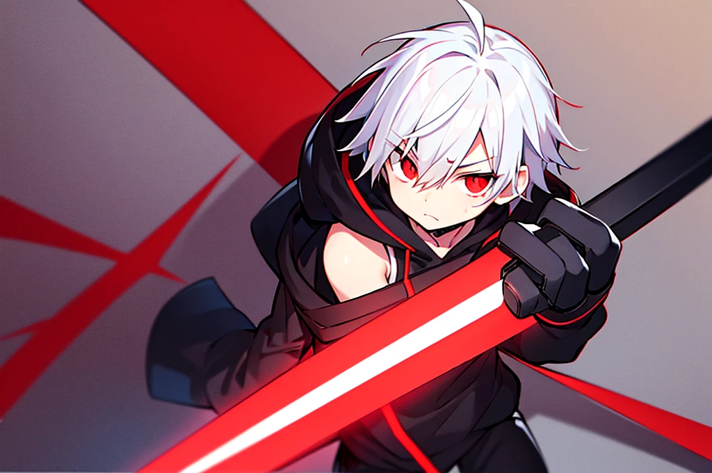 hight resolution,Anime boy with white hair and red eyes staring at camera, Glowing red eyes,slim, dressed in a black outfit,Shadow Body,de pele branca,monochromes,hair messy,Straight face,Diagonal angle,Black hoodie