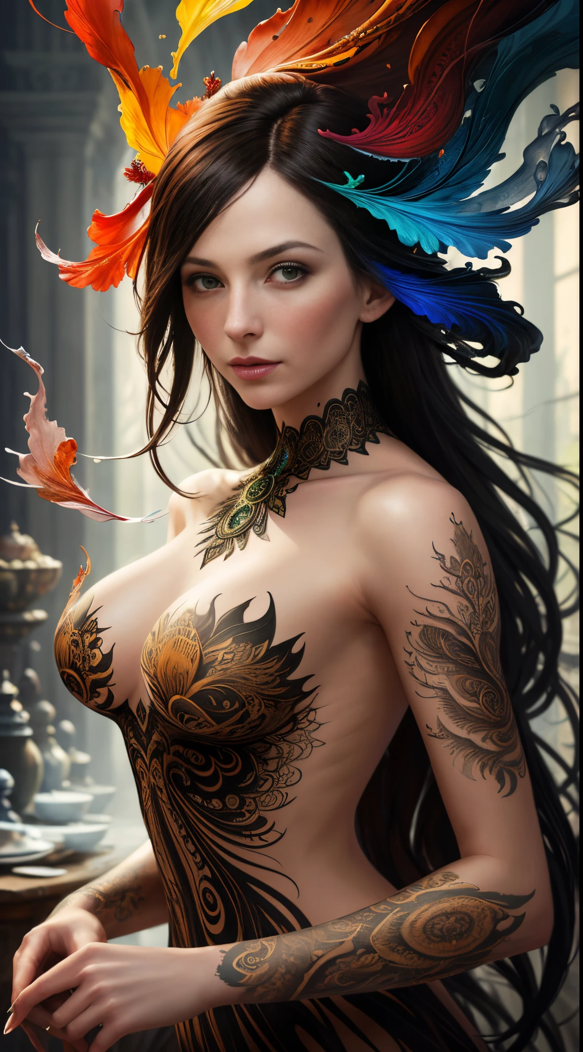 Colorful beautiful woman: Black ink flow: 8k resolution photorealistic masterpiece: by Aaron Horkey and Jeremy Mann: intricately detailed fluid gouache painting: by Jean Baptiste Mongue: calligraphy: acrylic: watercolor art, professional photography, natural lighting, volumetric lighting maximalist photoillustration: by marton bobzert: 8k resolution concept art intricately detailed, complex, elegant, expansive, fantastical