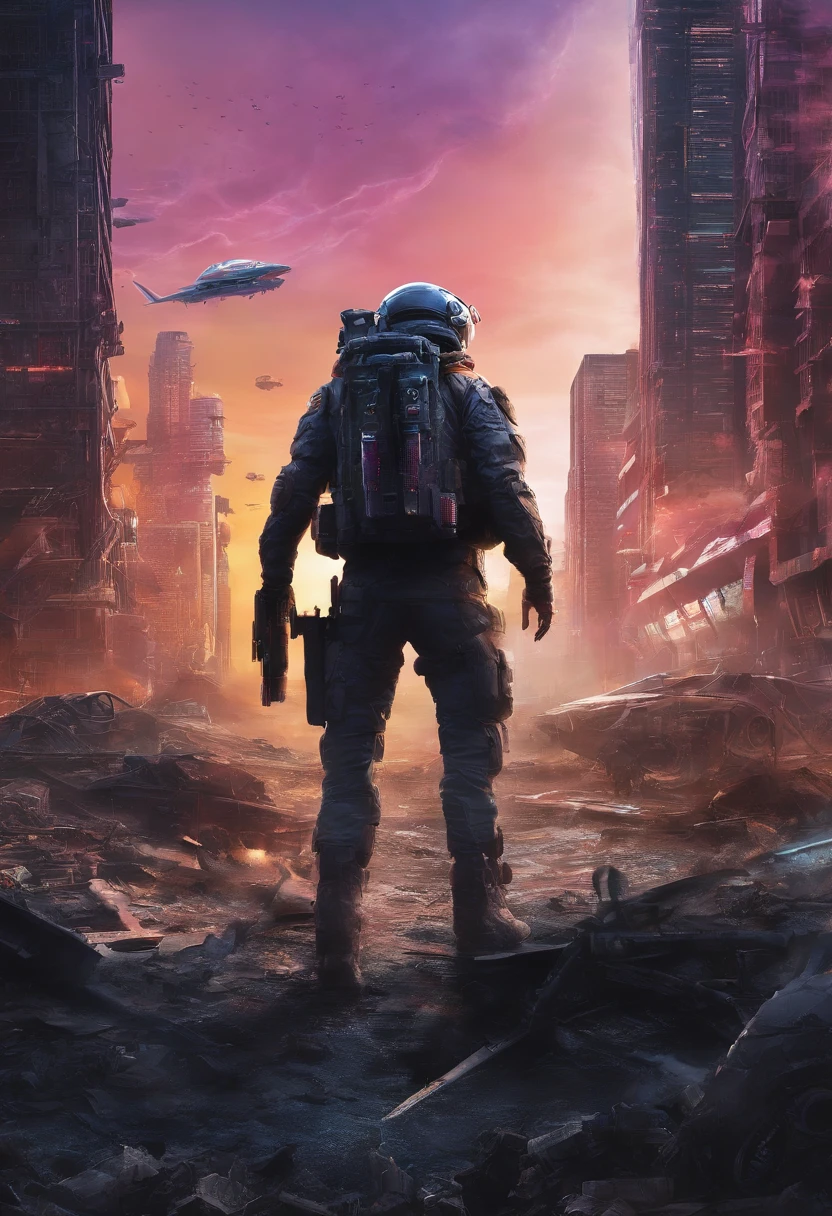 War in the city ruins,Post apocalyptic,sneaking towards enemy soldierist,early morning, best quality,ultra-detailed,realistic:1.37, HDR,vivid colors,professional